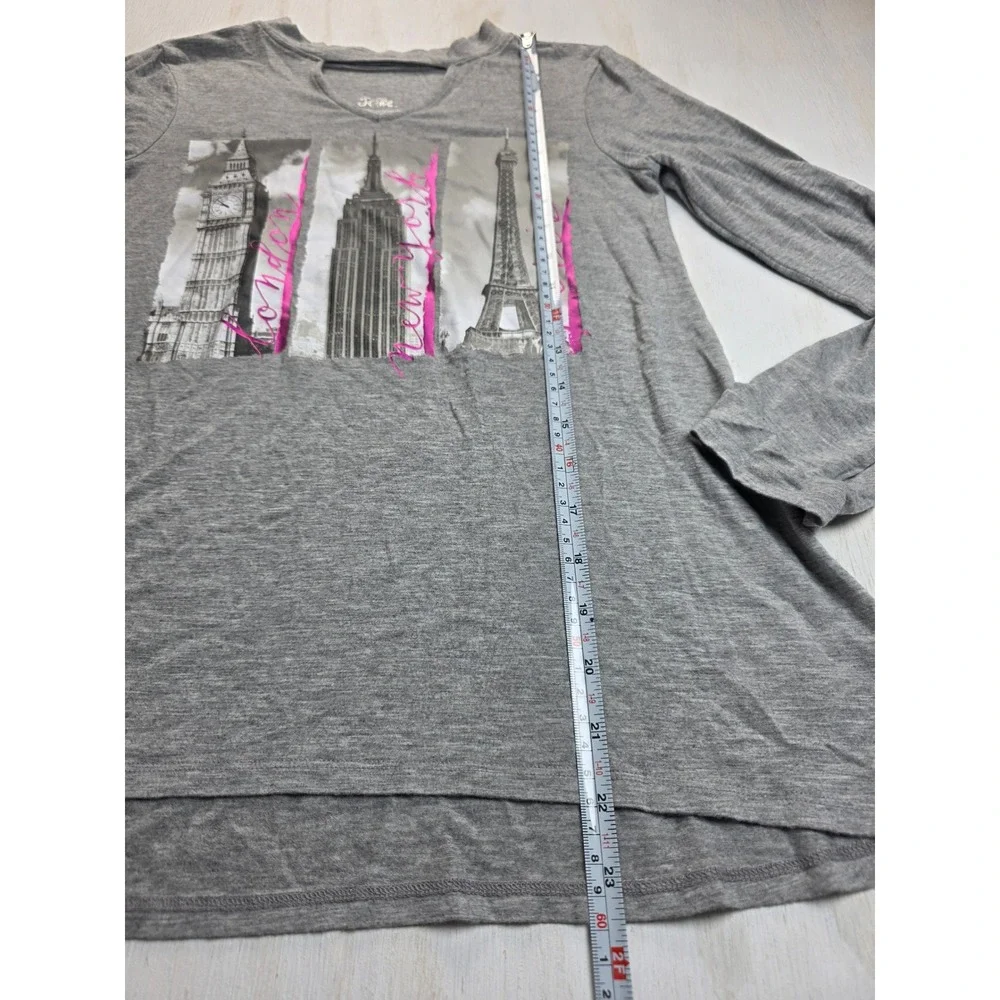 Justice Girls Gray Long Sleeve Graphic Tee London NY Paris Cutout Neck Size 14
